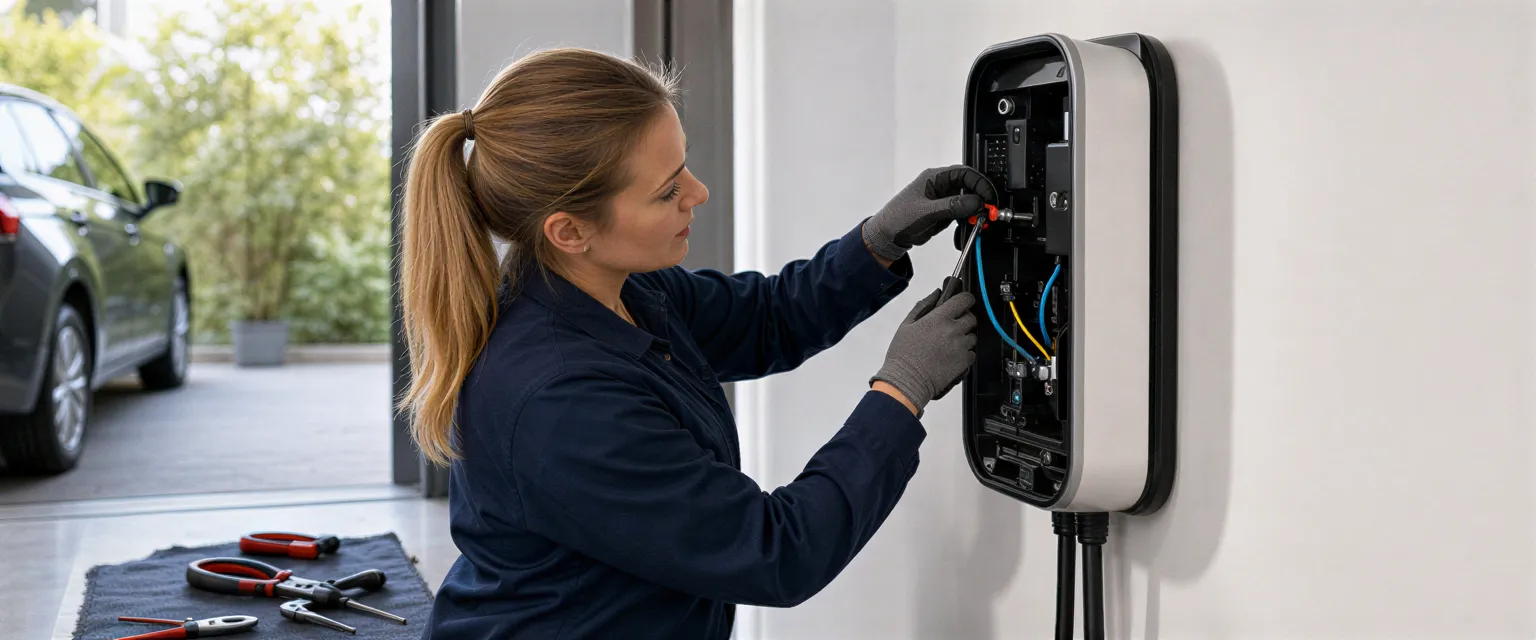 Eine Elektrikerin installiert eine Wandladestation für Elektroautos an einer weißen Wand in einer modernen Garage.
