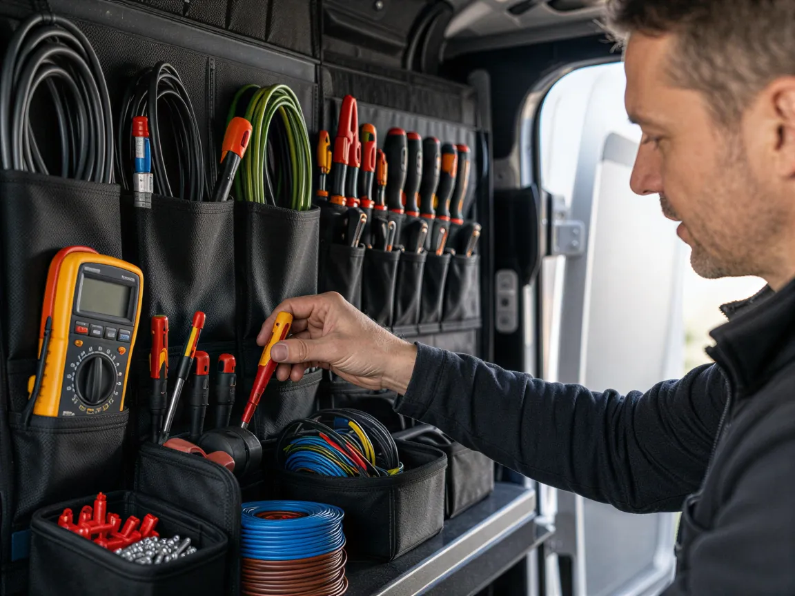 Ein Elektriker wählt präzise Werkzeuge und Kabel aus einer Schattenfach-Organisation in seinem Servicelieferwagen aus.