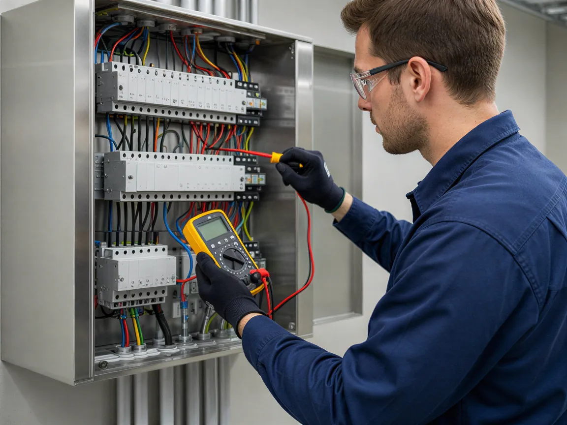 Ein Elektriker installiert Komponenten in einer Wandverteilung in einem modernen Elektroraum.