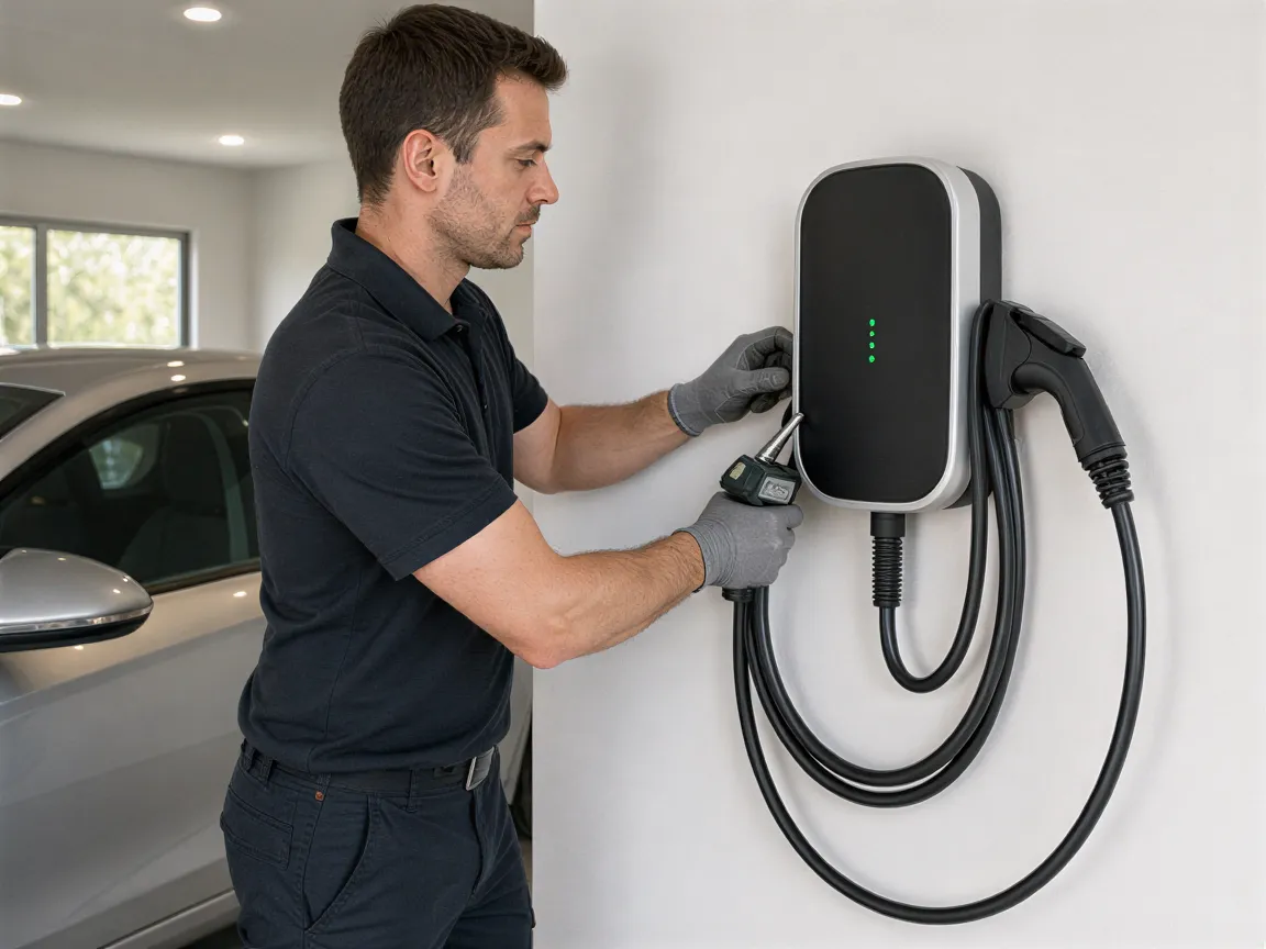 Ein Elektriker installiert eine moderne Wallbox für Elektroautos an einer weißen Garagenwand.