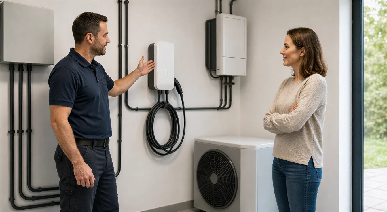 Ein Elektriker zeigt einem Hausbesitzer eine neu installierte Wallbox für ein Elektrofahrzeug in einem modernen Technikraum.