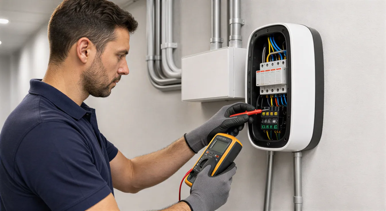 Ein Elektriker installiert eine Wandladestation für Elektroautos in einem modernen Technikraum und prüft die Anschlüsse.