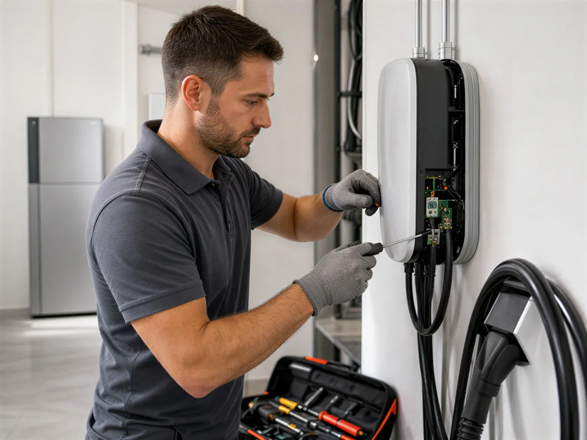 Ein Elektriker installiert eine Wallbox für Elektroautos in einem modernen Technikraum.