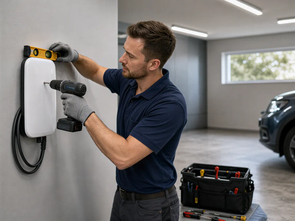 Ein Elektriker installiert eine weiße Ladestation für Elektroautos an einer hellgrauen Wand in einer modernen Garage.