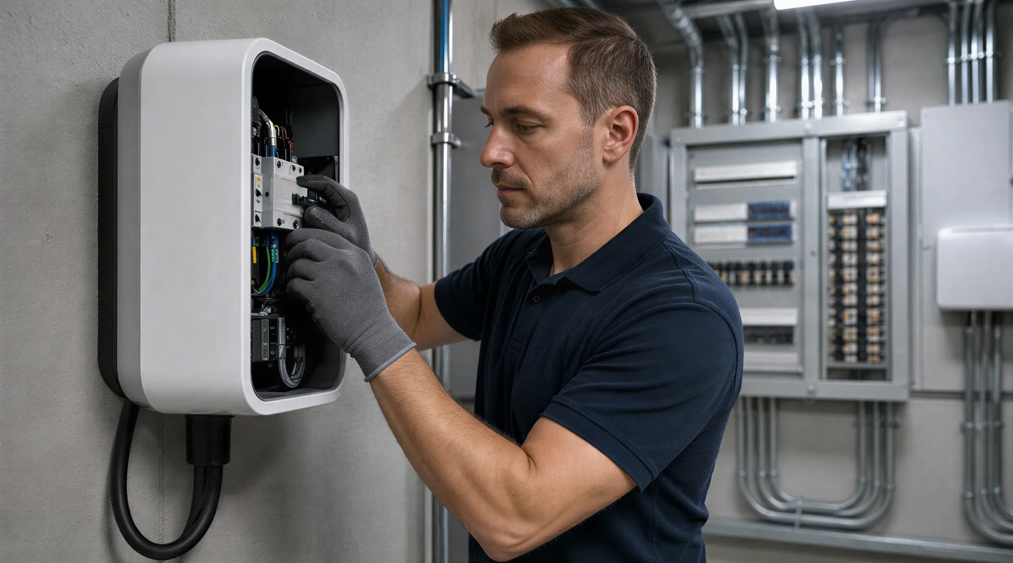Ein Elektriker installiert eine weiße Wallbox für Elektroautos an einer grauen Betonwand in einem modernen Technikraum.