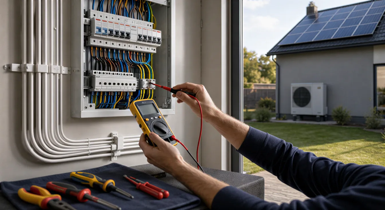 Ein Elektriker prüft mit einem Multimeter eine sauber installierte Verteilerdose in einem modernen Haus.
