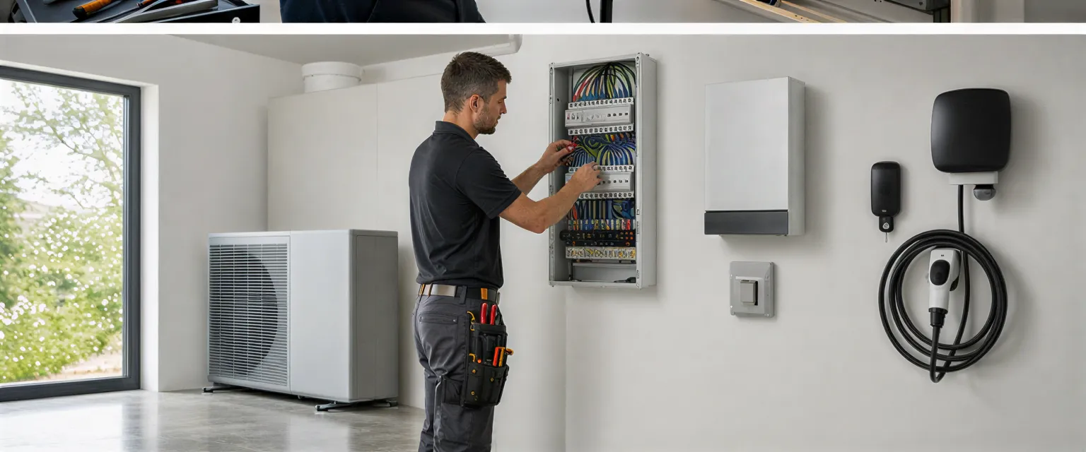 Ein Elektriker installiert einen modernen Verteilerkasten in einem hellen Technikraum mit frisch renovierten Wänden.