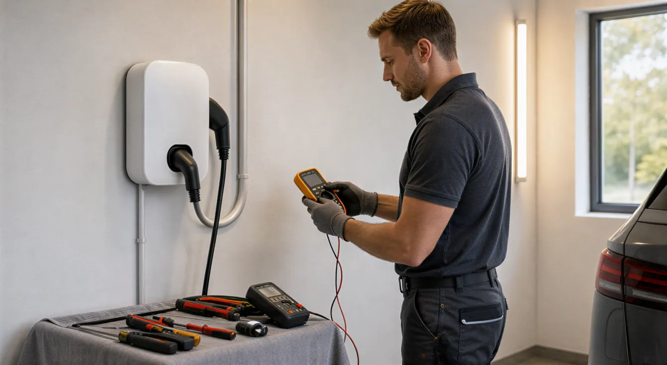 Ein Elektriker installiert eine weiße Ladestation für Elektroautos an einer hellgrauen Garagenwand.