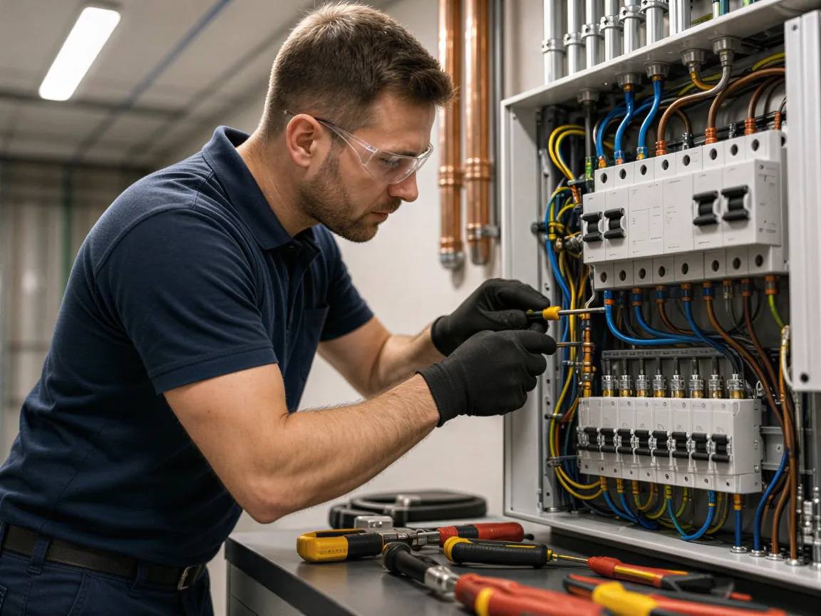 Ein Elektriker installiert präzise einen modernen Sicherungskasten in einem sauberen Elektroraum.
