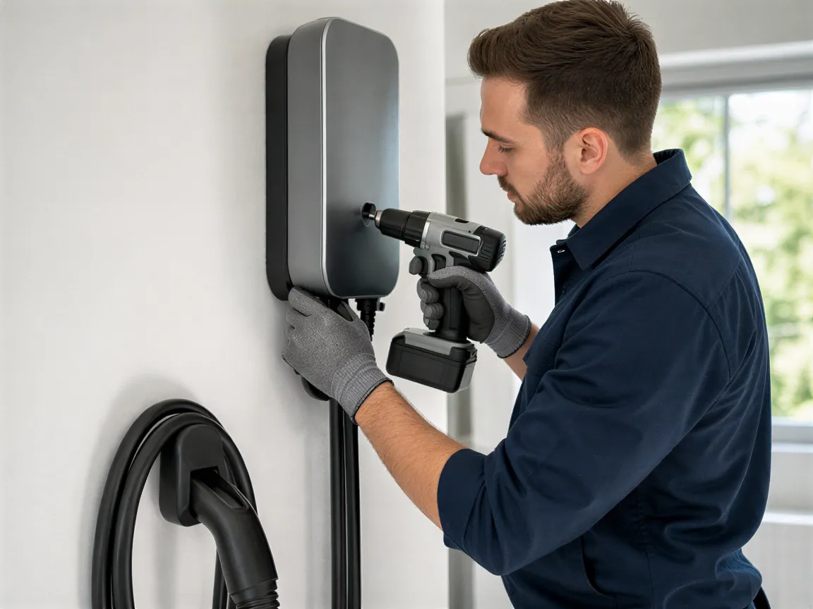 Ein Elektriker installiert eine Wandladestation für Elektroautos an einer weißen Garagenwand.