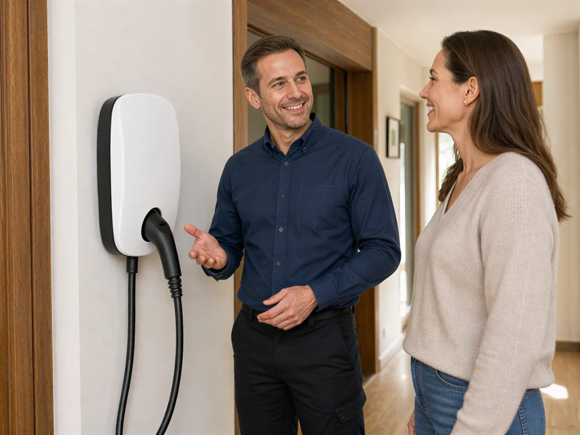 Ein Elektriker zeigt einer lächelnden Hausbesitzerin eine neu installierte Wandladestation für Elektroautos.