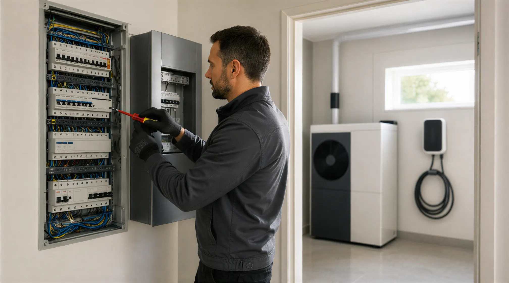 Ein Elektriker installiert einen modernen Verteilerkasten in einem sauberen Technikraum mit Wärmepumpe und