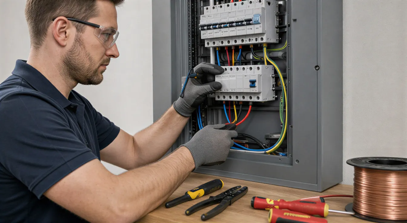 Ein Elektriker verbindet farbige Kabel an einem Schaltkreis in einem modernen grauen Sicherungskasten.