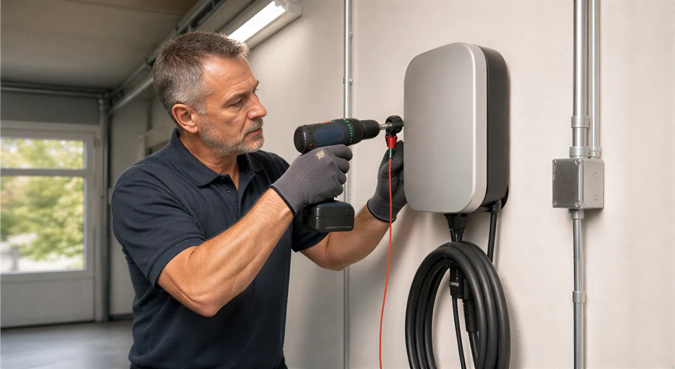 Ein Elektriker installiert eine moderne Wallbox für Elektroautos an der Wand einer sauberen Garage.