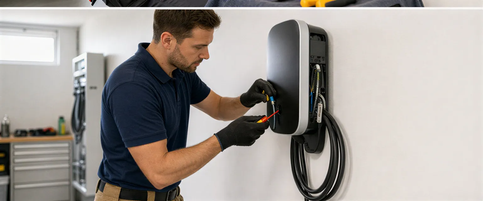 Ein Elektriker installiert eine moderne Wallbox für Elektroautos an einer weißen Wand in einem sauberen Technikraum.