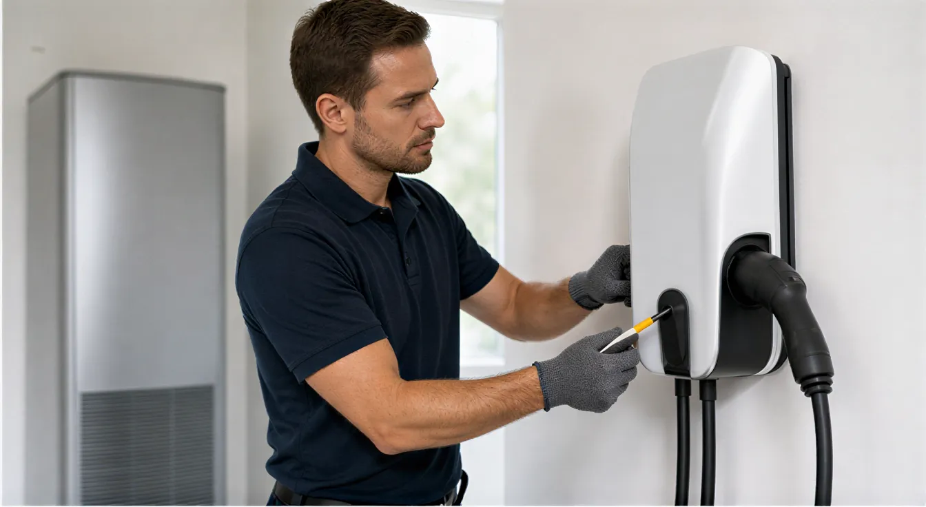 Ein Elektriker installiert eine Wandladestation für Elektroautos in einer modernen Garage.