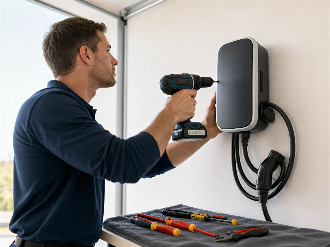Ein Elektriker installiert eine moderne Wallbox für Elektroautos an einer weißen Garagenwand.
