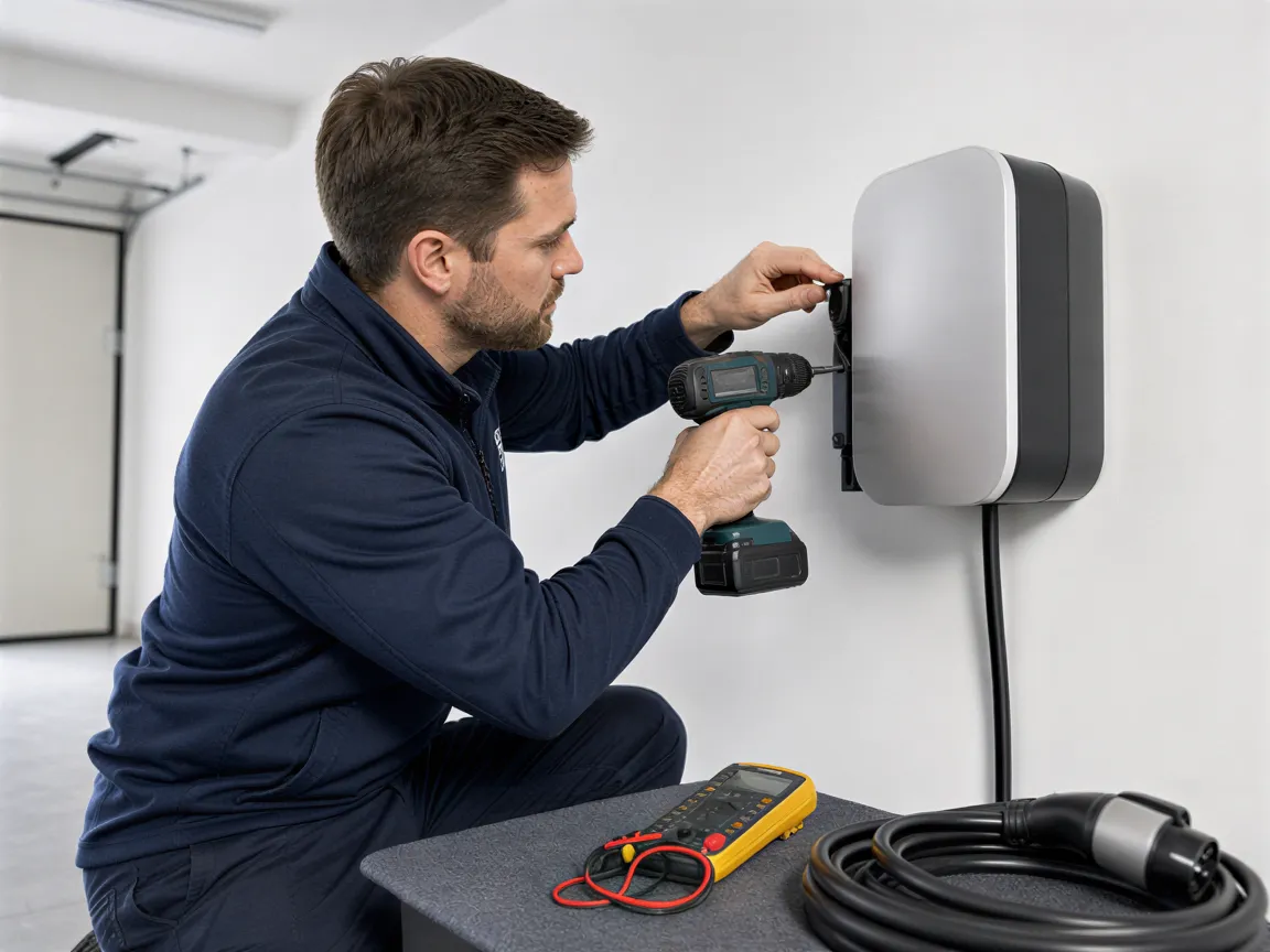 Ein Elektriker installiert eine moderne Wallbox-Ladestation an einer weißen Garagenwand.