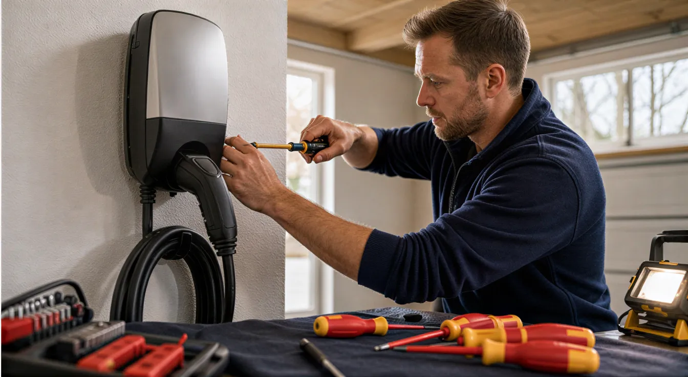Ein Elektriker installiert eine moderne Wallbox für Elektroautos an einer sauberen Garagenwand.