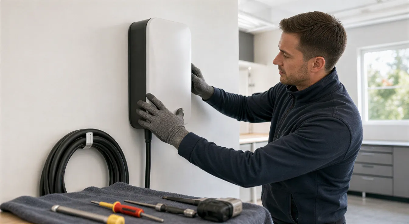 Ein Elektriker installiert eine moderne Wallbox-Ladestation an einer weißen Garagenwand.