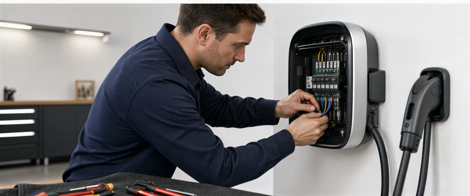 Ein Elektriker installiert eine moderne Wallbox für Elektrofahrzeuge an einer weißen Garagenwand.