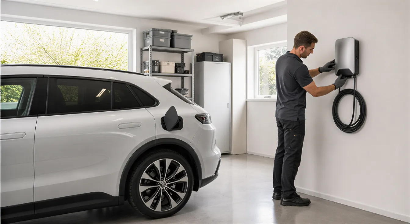 Ein Elektriker installiert eine moderne Wallbox-Ladestation in einer sauberen Garage neben einem Elektroauto.