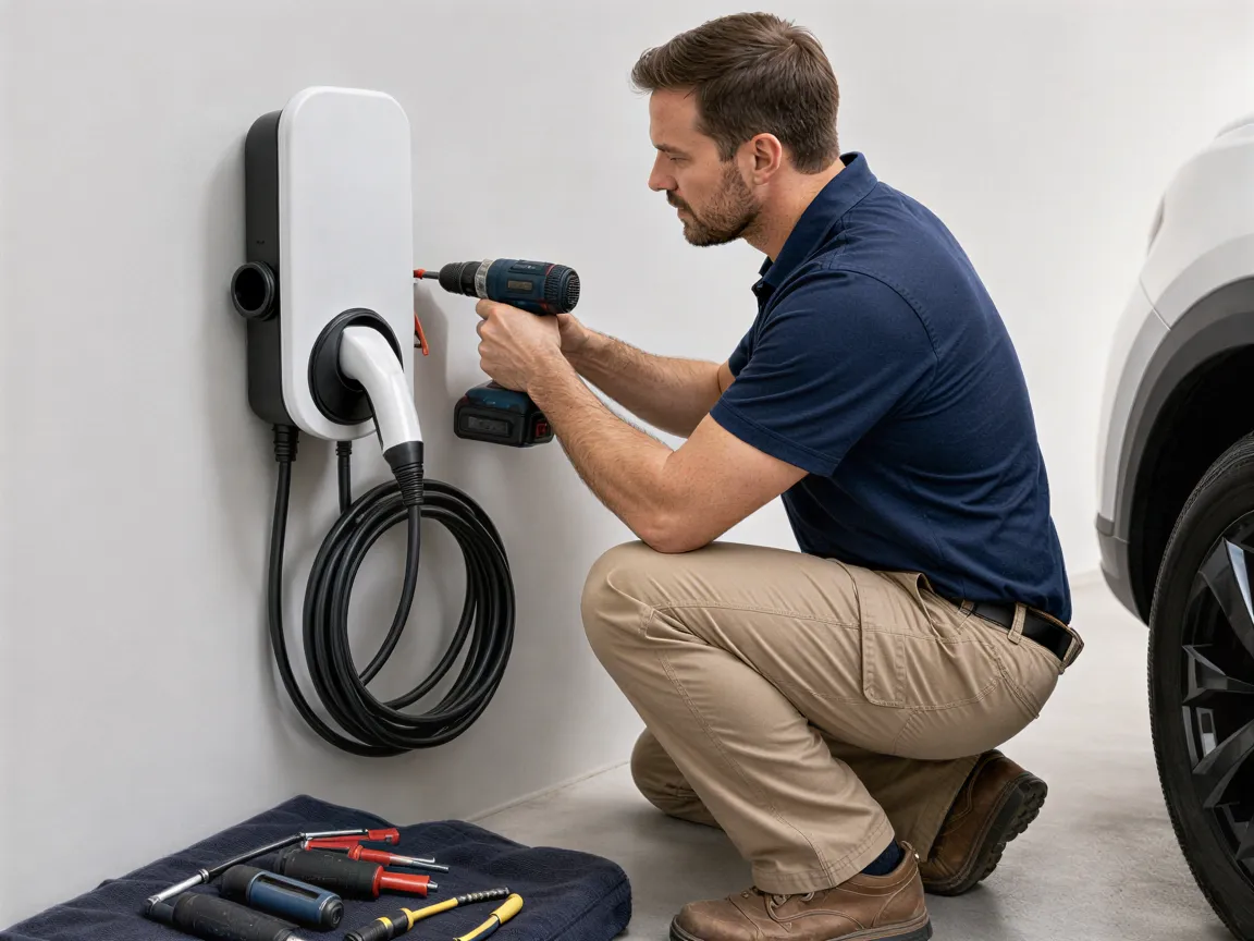 Ein Elektriker installiert eine weiße Ladestation für Elektroautos an einer hellgrauen Wand.