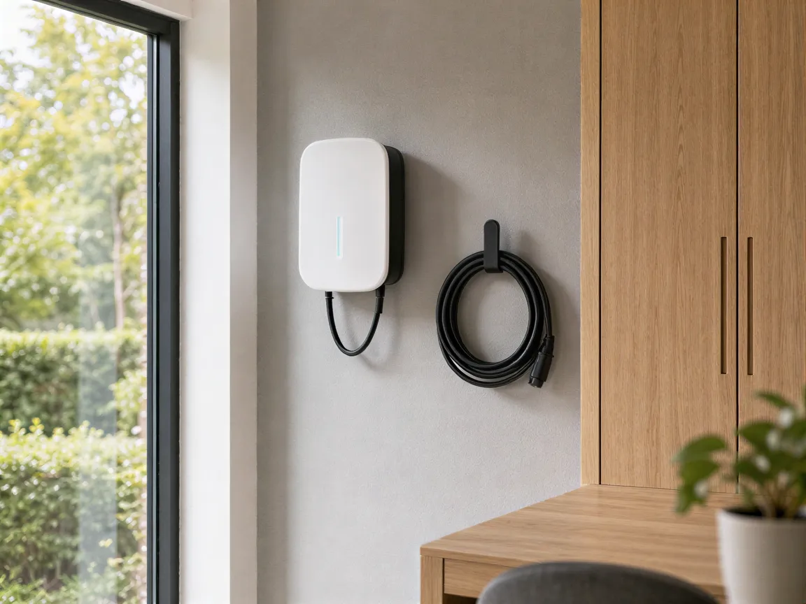 Eine moderne Wandladestation für Elektroautos in einem sauberen, hellen Homeoffice mit Holzeinbauschränken.