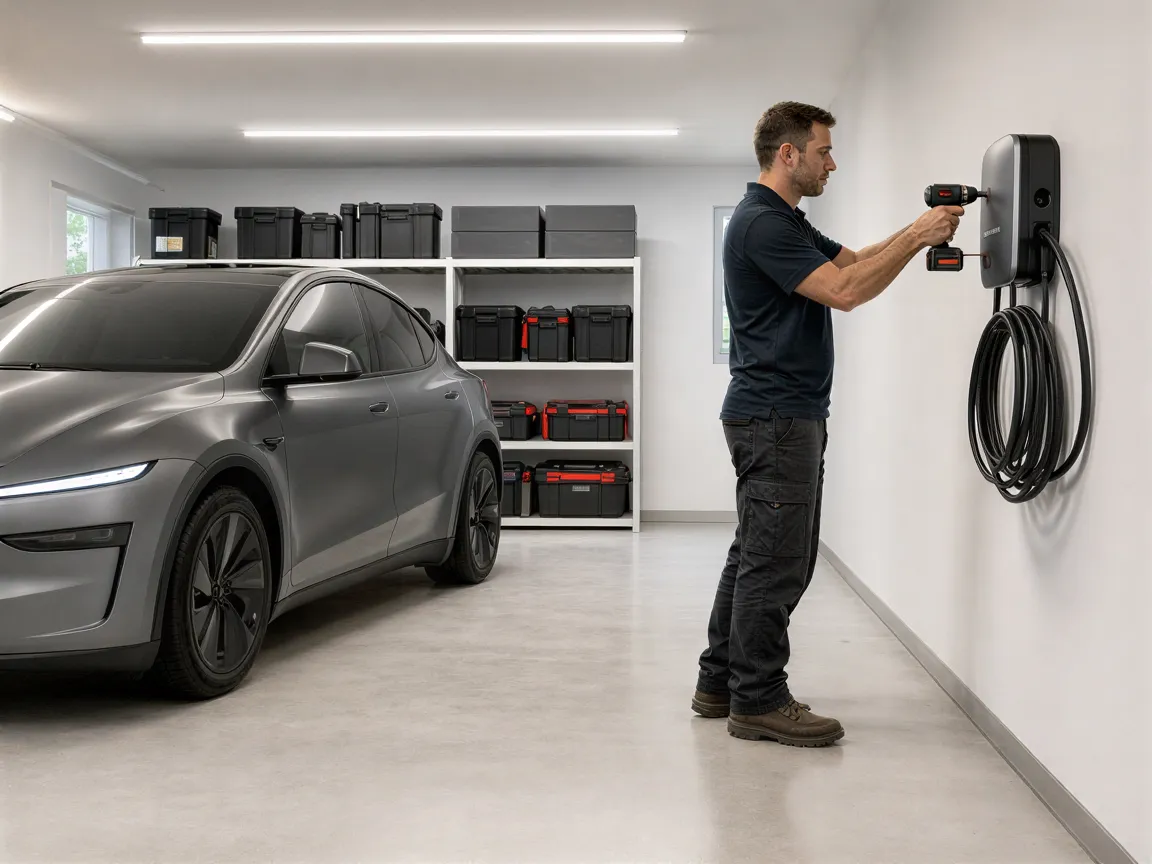 Ein Elektriker installiert eine moderne Wallbox für Elektroautos in einer sauberen Garage.