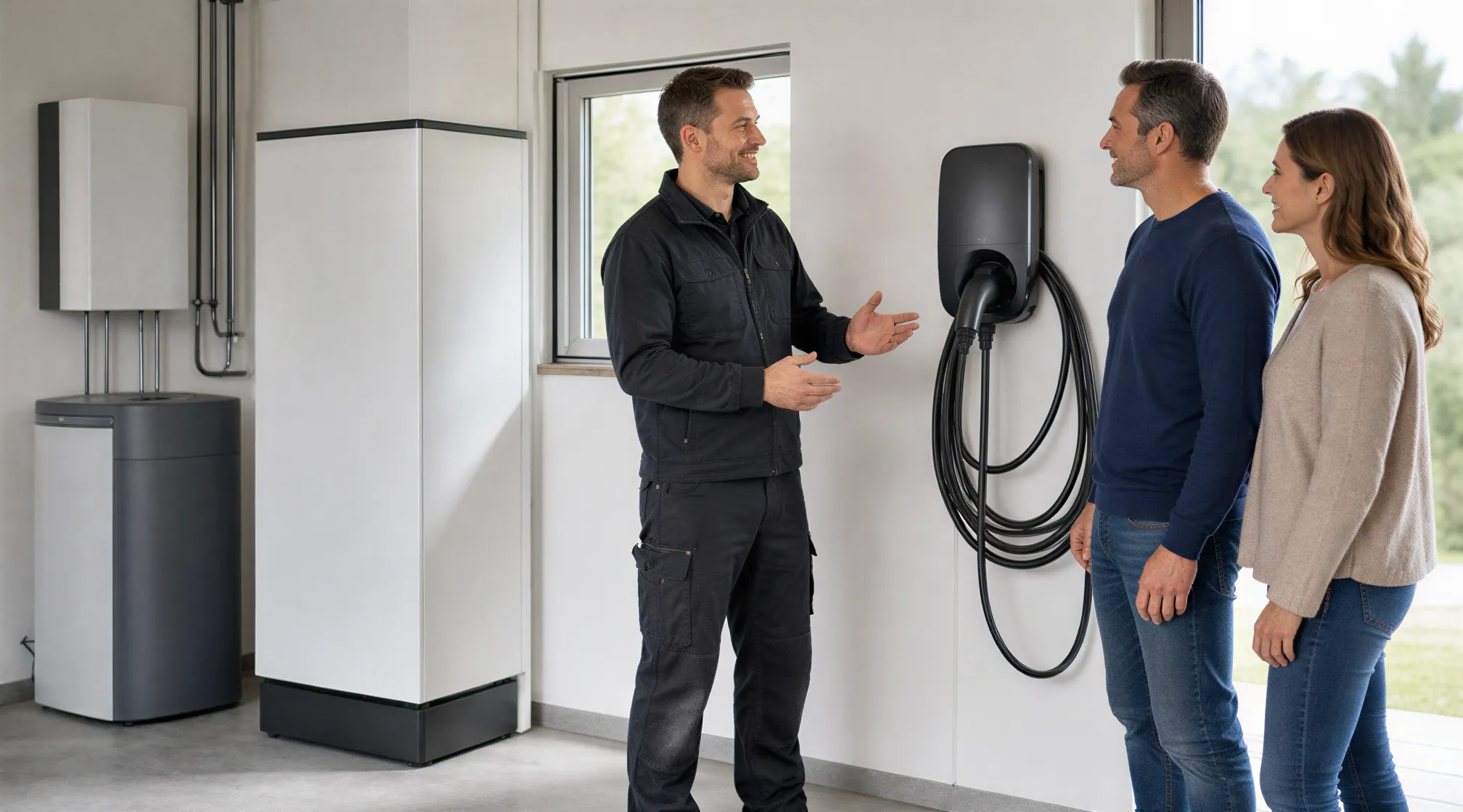 Ein Elektriker zeigt einem Paar eine neu installierte Wallbox für ihr Elektroauto in einem modernen Technikraum.