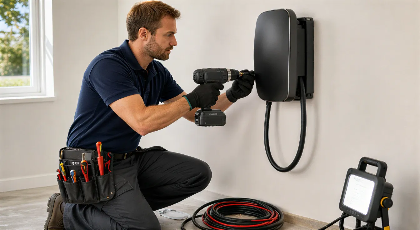 Ein Elektriker installiert eine schwarze Ladestation für Elektroautos an einer weißen Wand.