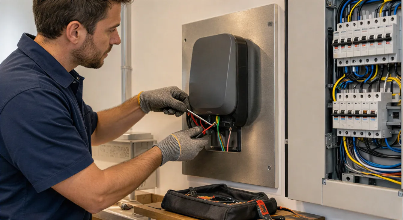 Ein Elektriker installiert eine Wandladestation in einem modernen Wohnungs-Elektroraum.