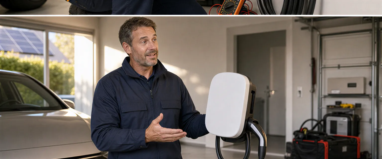Ein Elektriker erklärt eine moderne Wallbox-Ladestation in einer hellen, aufgeräumten Garage mit einem Elektroauto.