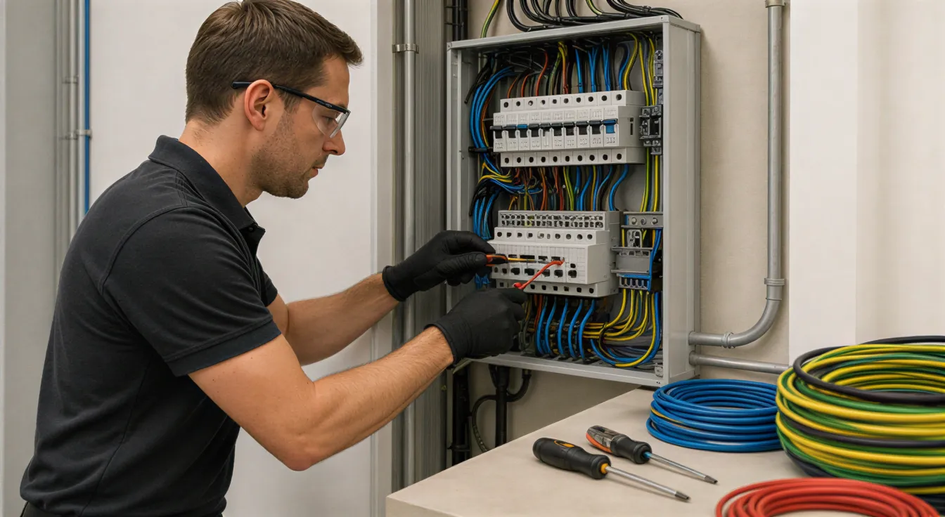 Ein Elektriker verbindet sorgfältig Kabel in einem modernen Sicherungskasten in einem sauberen Technikraum.