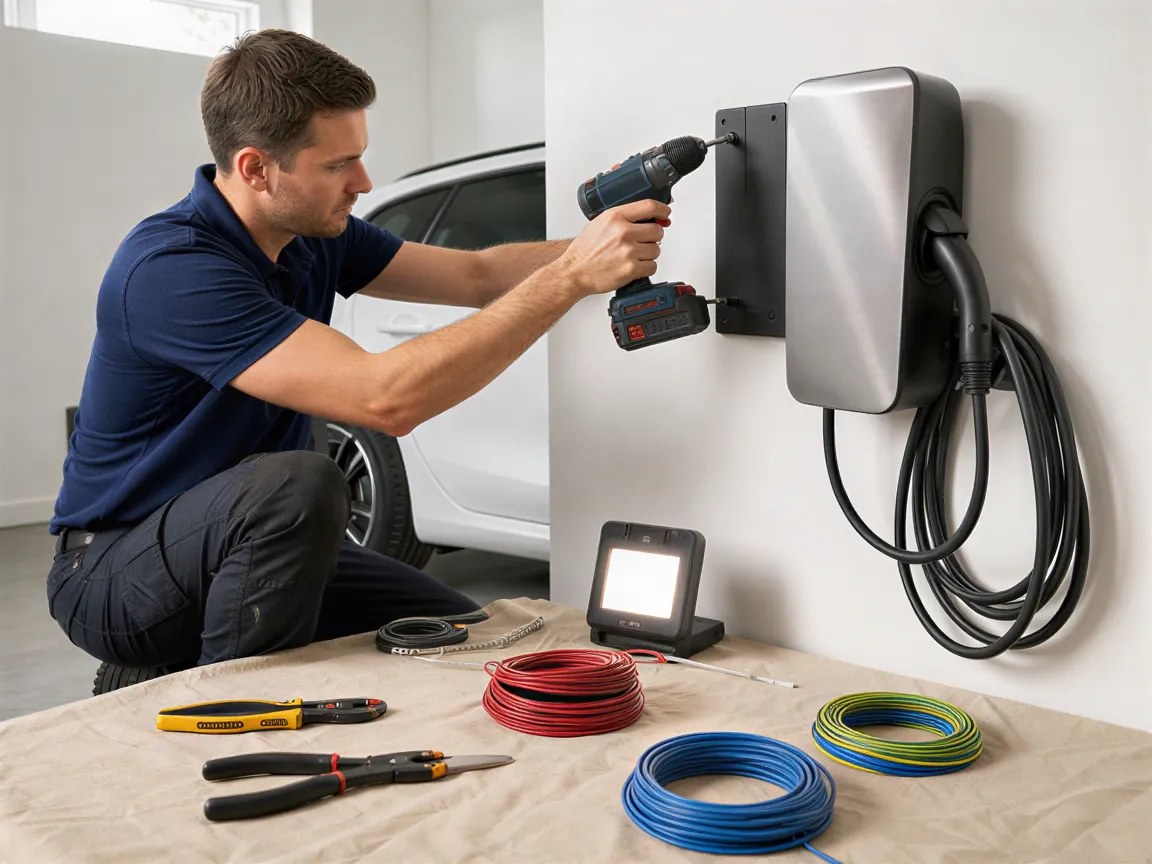 Ein Elektriker installiert konzentriert eine Wandladestation für Elektroautos in einem modernen Technikraum.