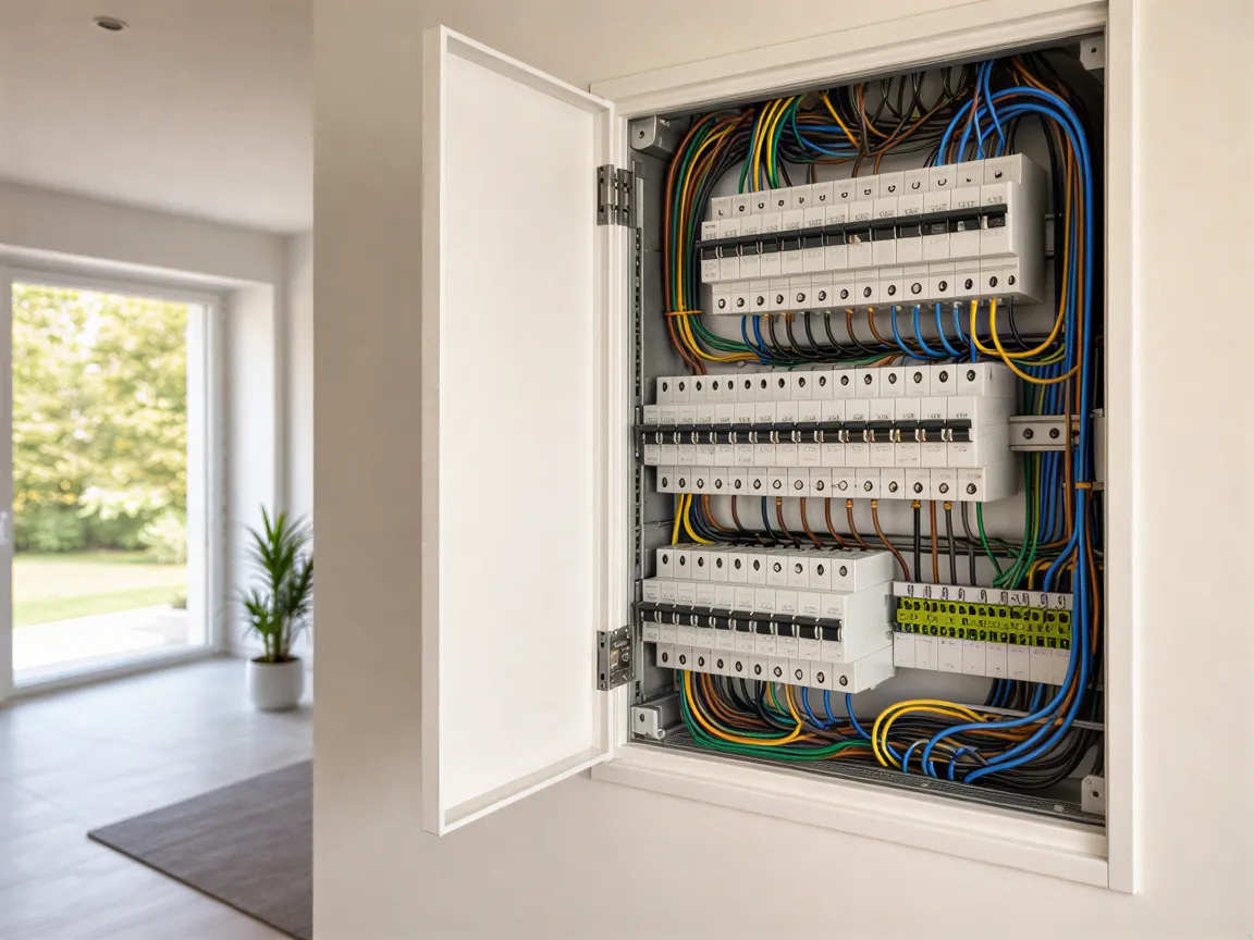 Ein geöffneter, sauberer Elektroverteiler mit farbcodierten Kabeln in einem hellen Flur.