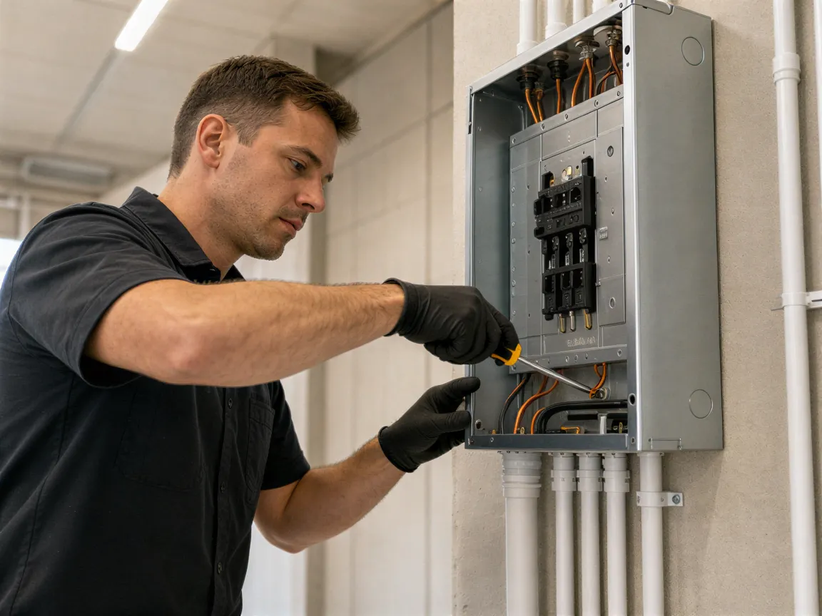 Ein Elektriker installiert fokussiert einen modernen Schaltschrank in einem neuen Technikraum.