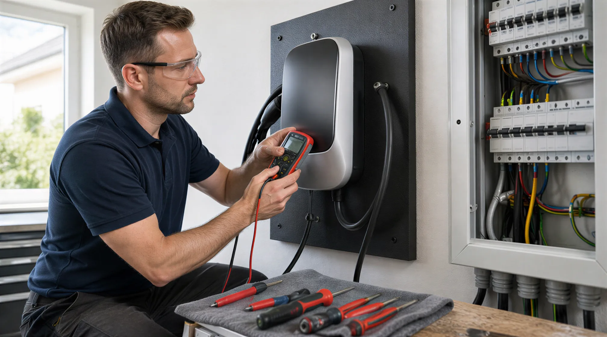 Ein Elektriker installiert konzentriert eine moderne Wallbox für ein Elektroauto in einer Garage.