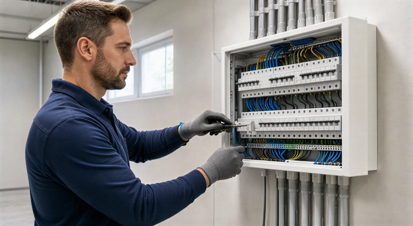 Ein Elektriker installiert einen weißen Verteilerkasten mit ordentlichen Kabeln in einem hellen Technikraum.
