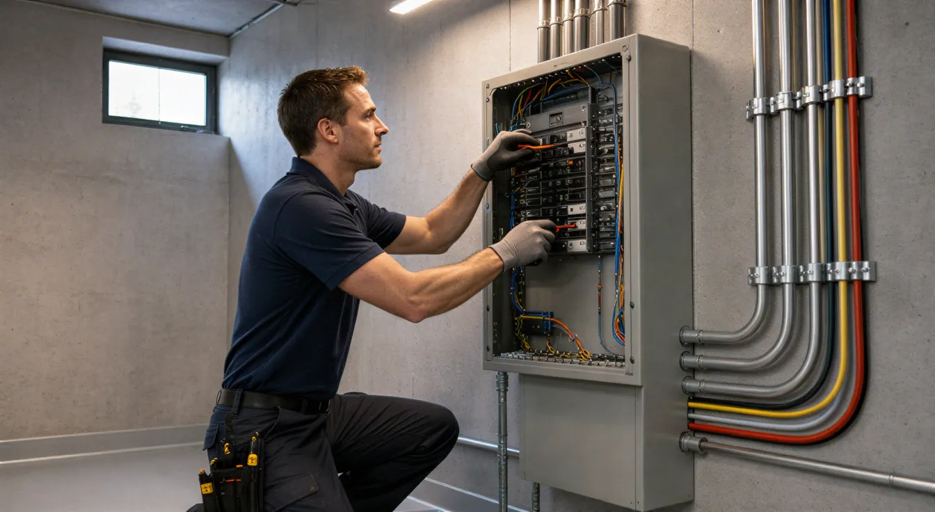 Ein Elektriker installiert einen modernen Sicherungskasten in einem sauberen, technischen Raum.