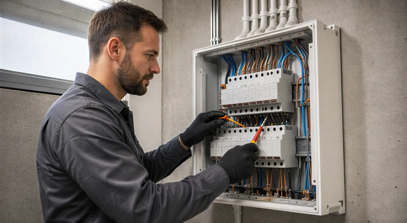 Ein Elektriker installiert Komponenten in einer modernen Verteilerdose in einem sauberen Technikraum.
