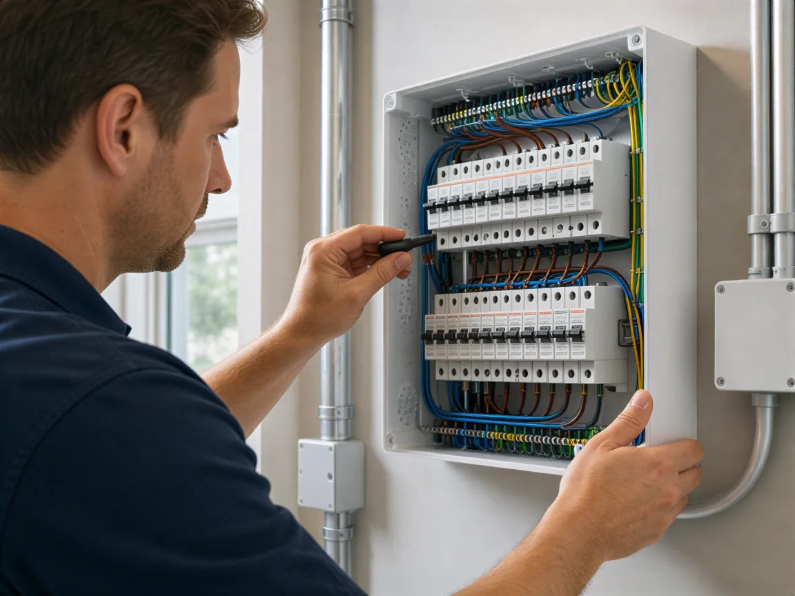 Ein Elektriker in dunkelblauem Hemd montiert ein weißes Verteilerbrett mit farbigen Kabeln an einer hellgrauen Wand.