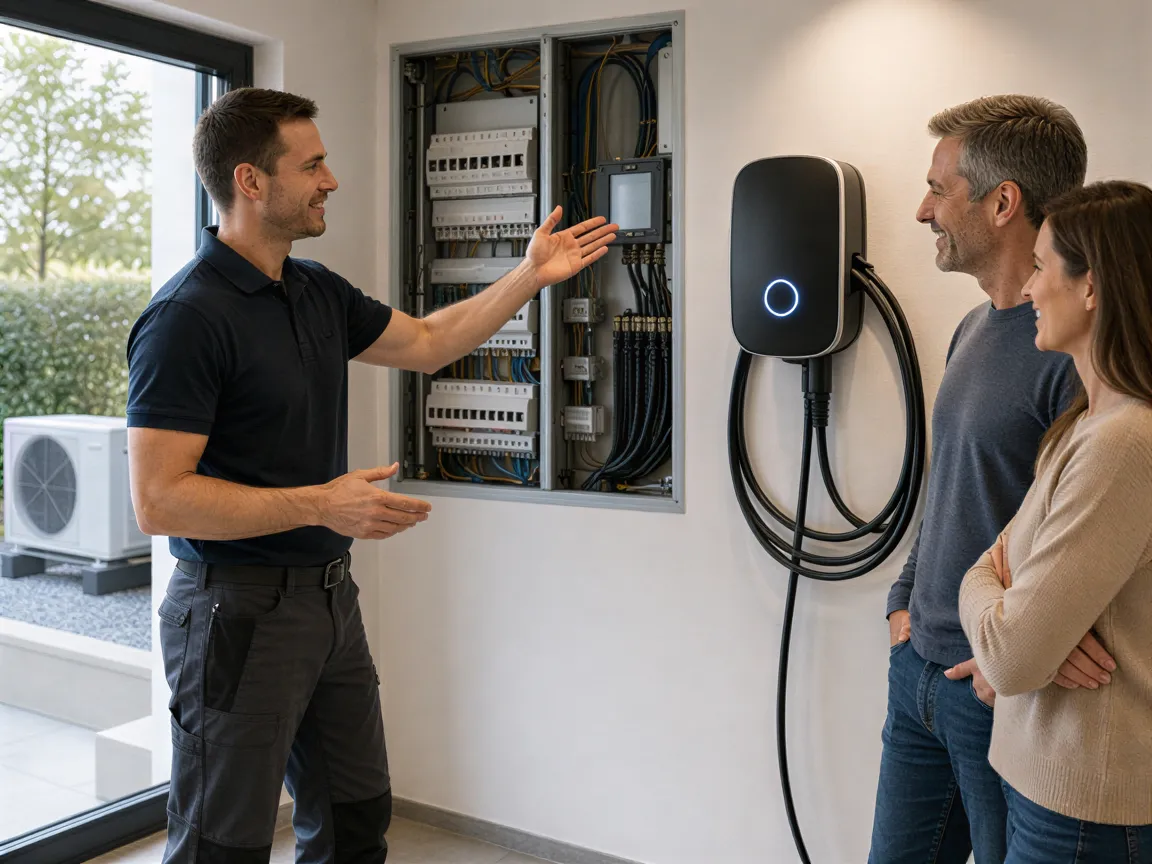 Ein Elektriker zeigt einem Hausbesitzerpaar eine neu installierte Wallbox-Ladestation in einem modernen Technikraum.