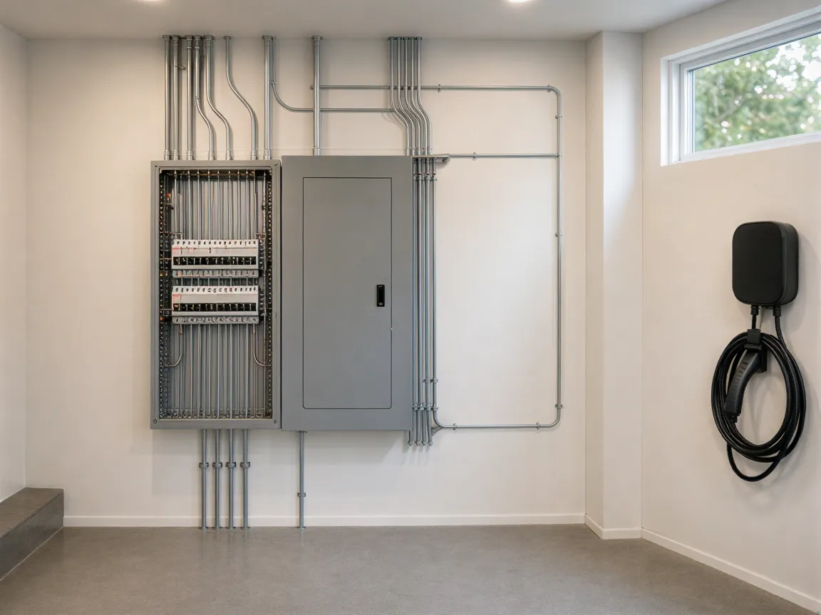 Ein moderner Technikraum mit sauber verlegten Elektrokabeln, Sicherungen und einer Wandladestation für Elektroautos.
