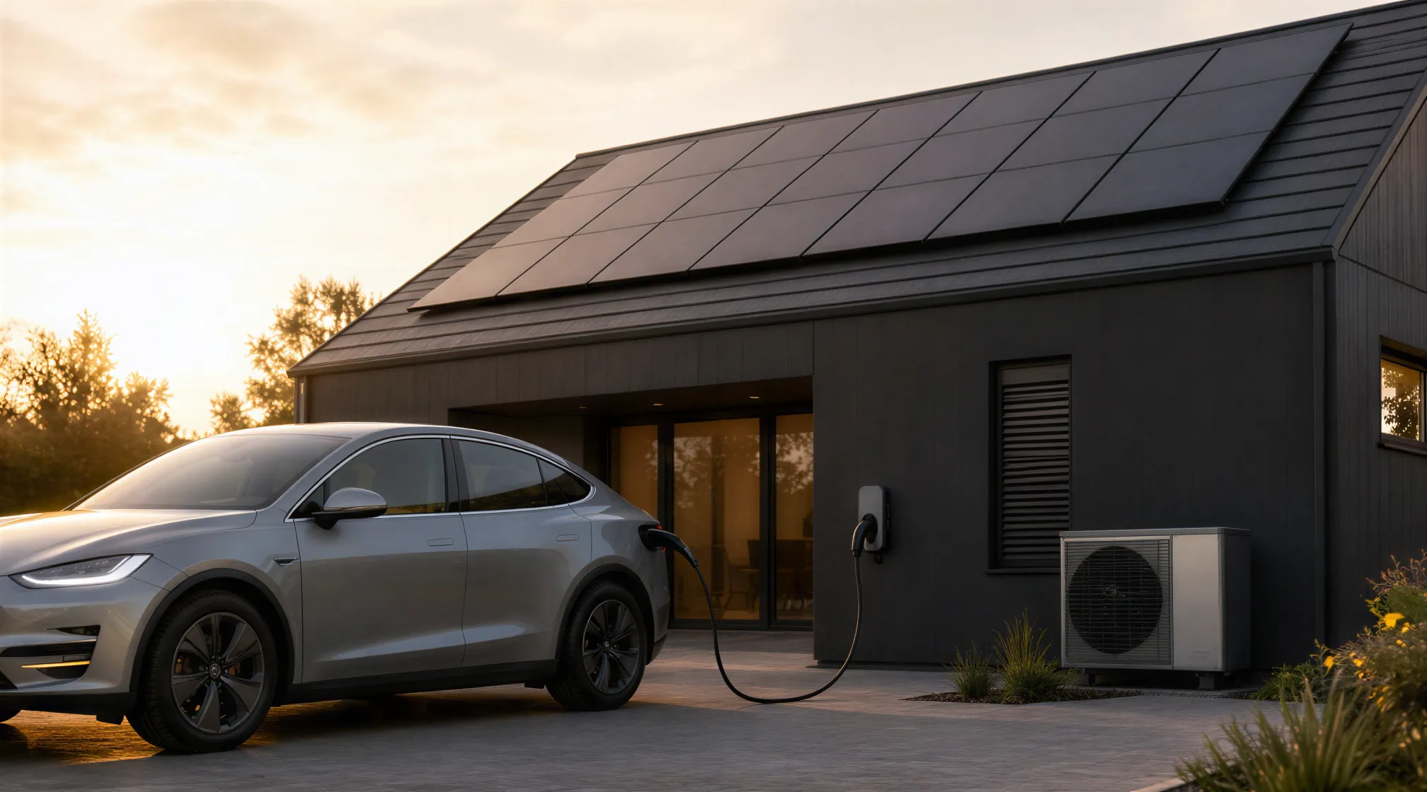 Ein modernes energieeffizientes Haus mit Solarpanelen auf dem Dach und einem Elektroauto an der Ladestation in der Auffahrt.