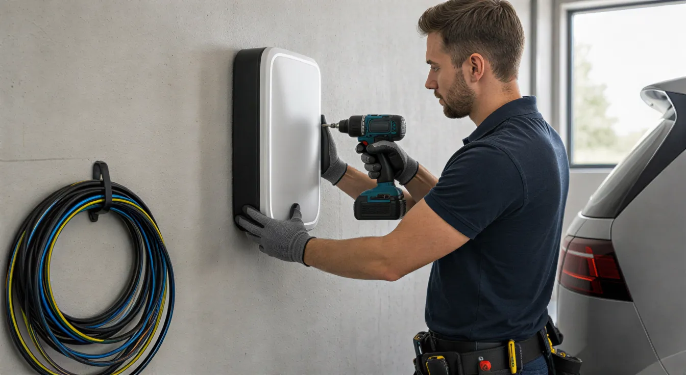 Ein Elektriker installiert eine moderne Wallbox für Elektroautos an einer Garagenwand.