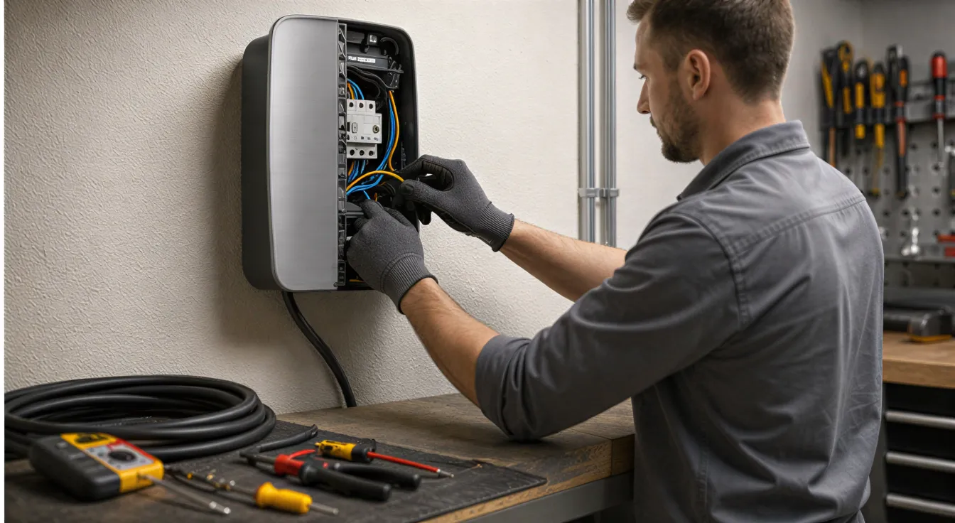 Ein Elektriker installiert eine moderne Wallbox für Elektroautos an einer Wand in einer Garage.