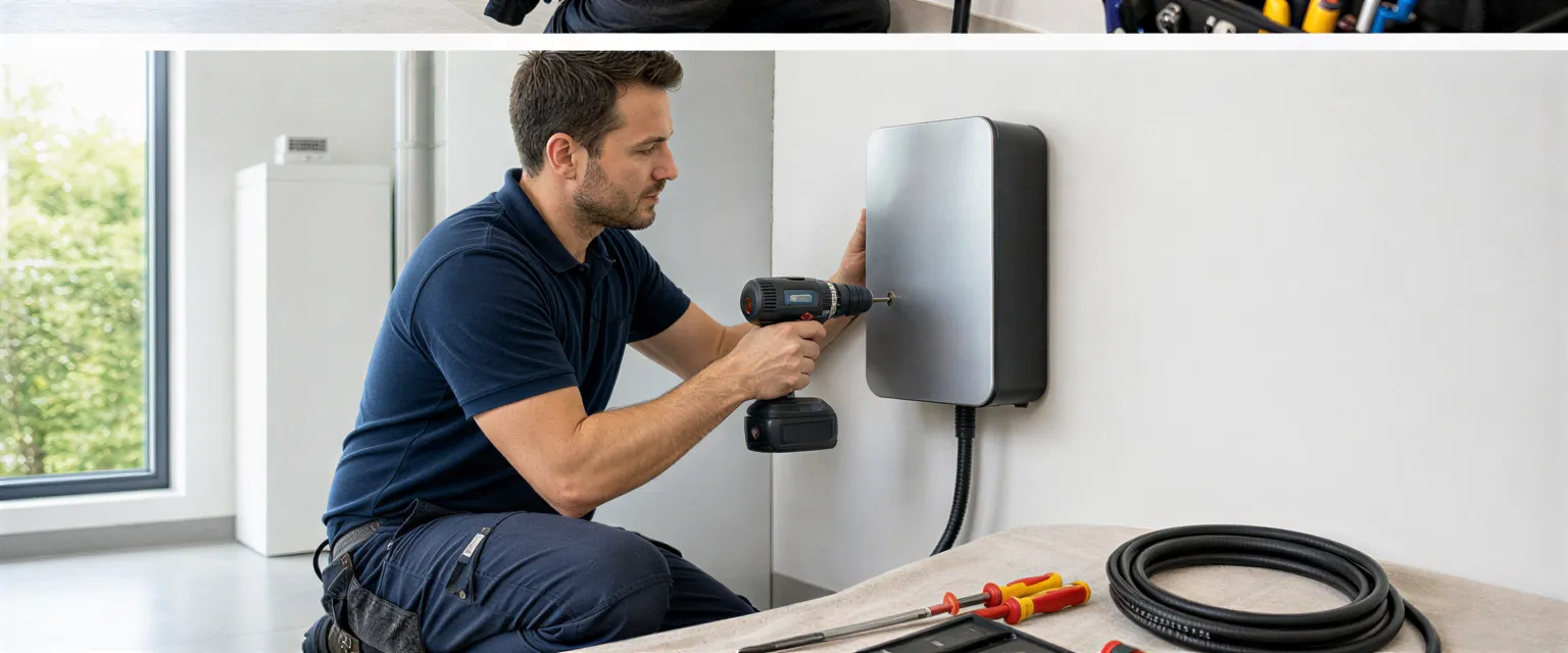 Ein Elektriker installiert eine moderne Wallbox-Ladestation an einer weißen Wand in einem sauberen Wohnungsanschlussraum.