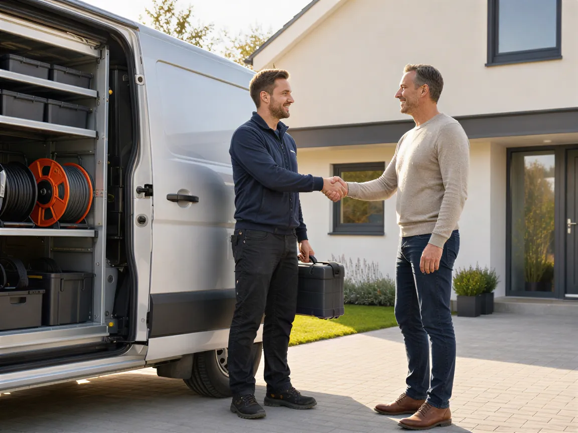 Ein Elektriker übergibt ein Werkzeugkoffer an einen Hausbesitzer vor einem Einfamilienhaus.
