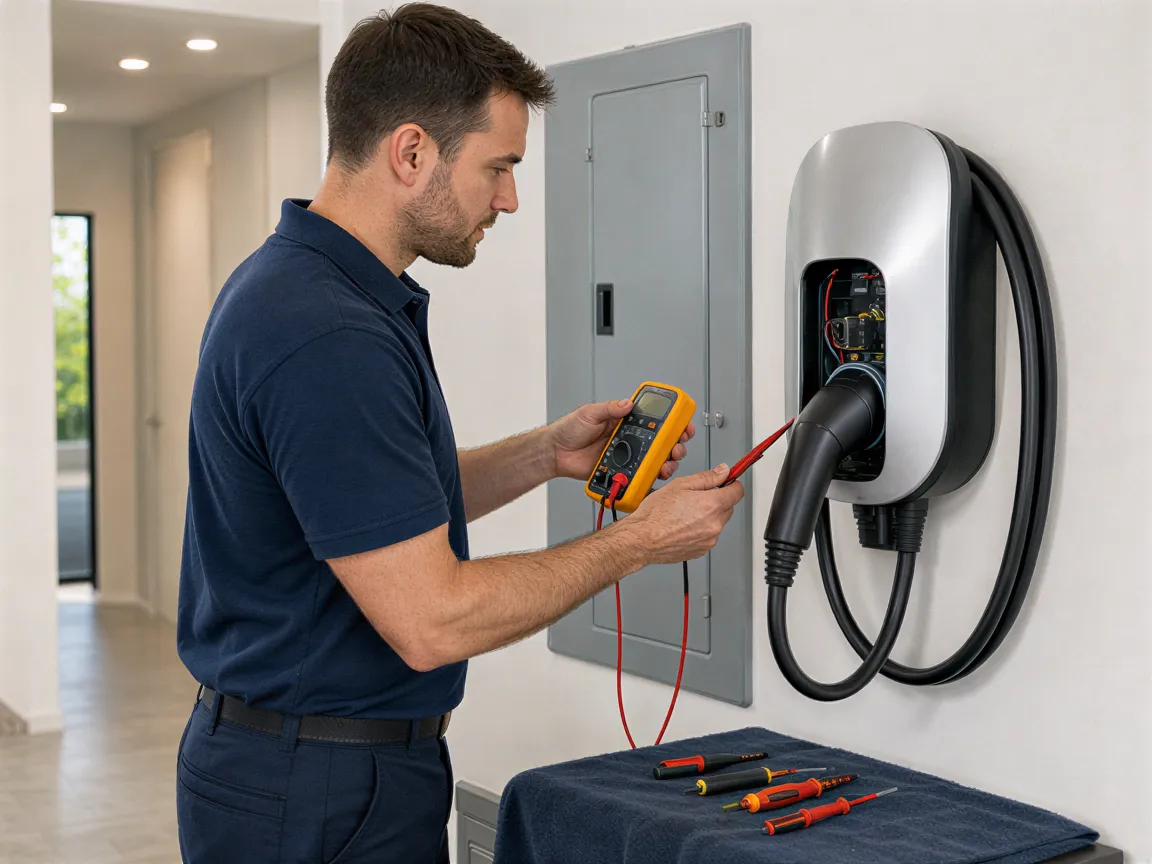 Ein Elektriker prüft mit einem Multimeter eine neu installierte Wallbox-Ladestation in einem modernen Technikraum.
